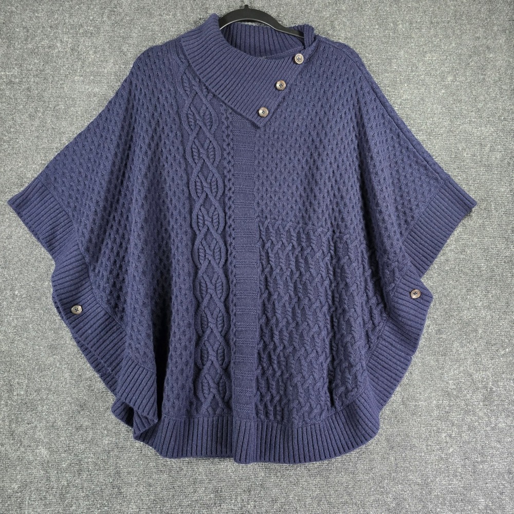 Talbots Poncho Sweater Womens Medium Navy Blue Cable Knit Wool Blend Cowl Neck